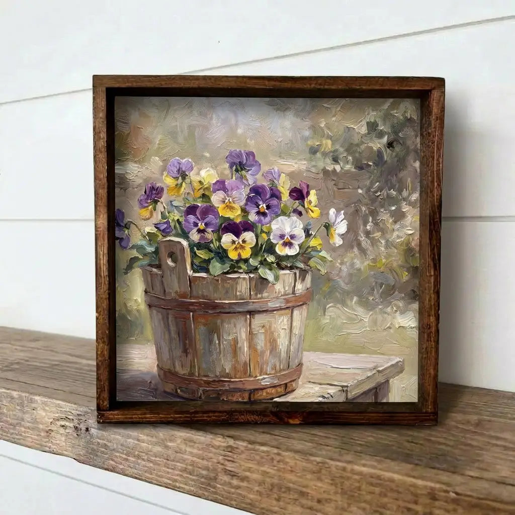 Bucket Full of Pansies Small Framed Wooden Sign