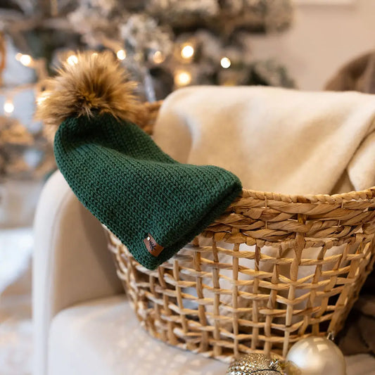 Spruce Green Knit Beanie Toque with Fur Pom Pom for Baby