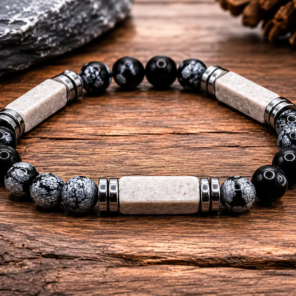 Black Network & Grey Stone Bracelet For Men