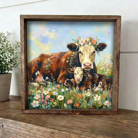Cute Cow and Calf Smalled Framed Wooden Sign