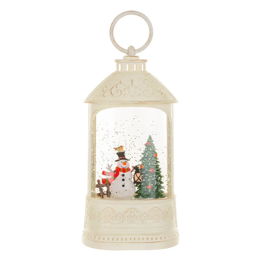 White Led Lantern Snow Globe with Wandering Snowman