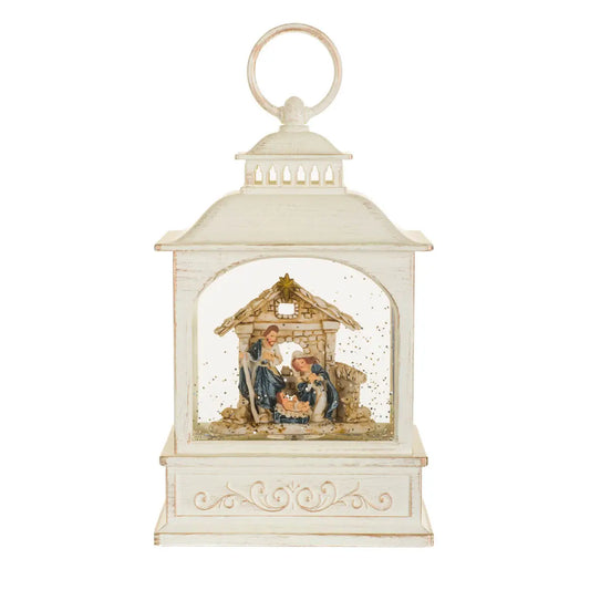 Musical White Led Lantern Snow Globe with Nativity Scene