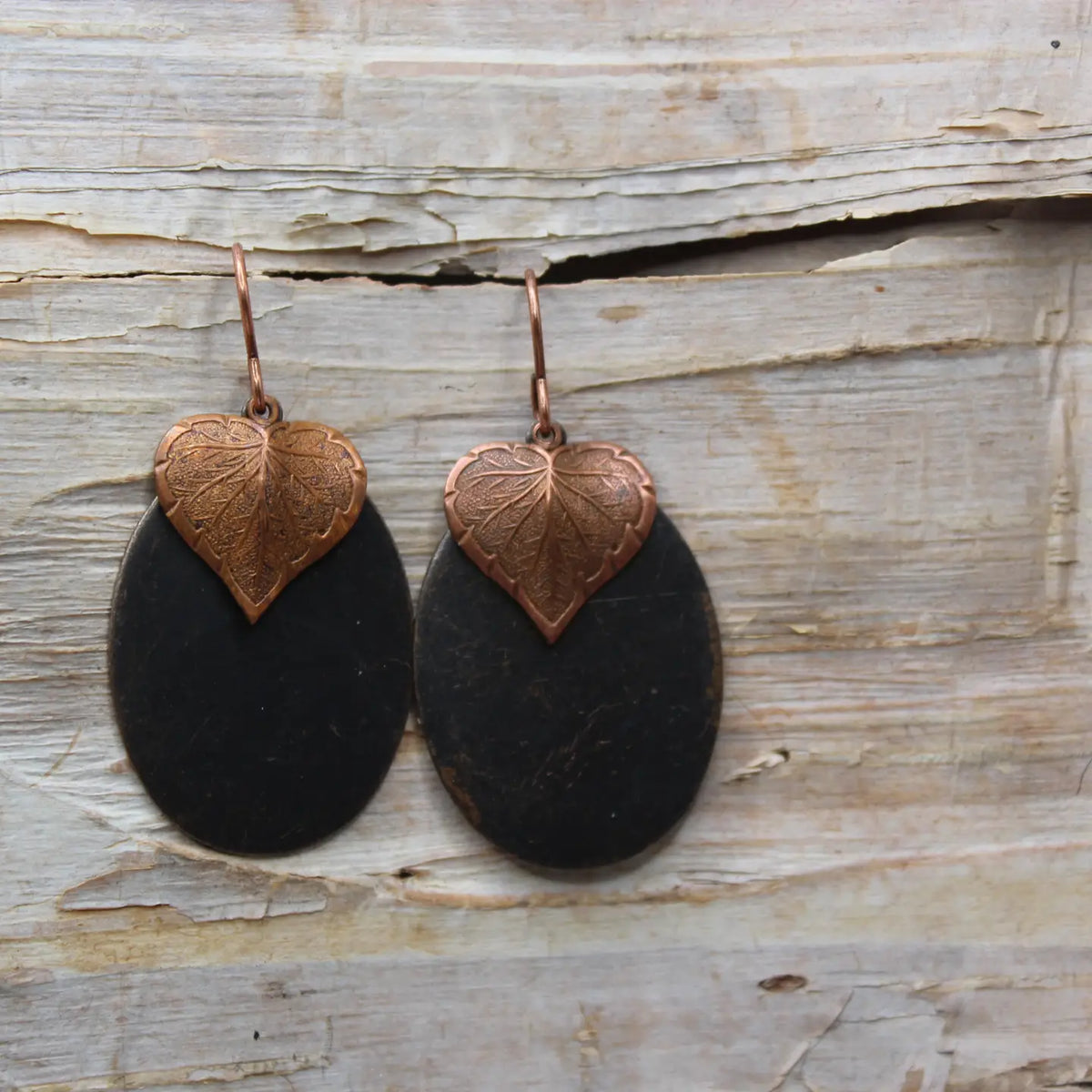 Antique Copper Leaf & Oval Earrings
