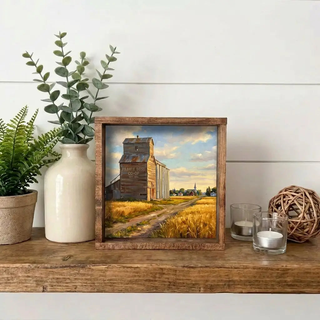 Grain Elevator At Sunset Small Framed Wooden Sign