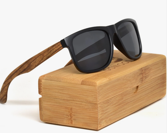 Square Zebra Wood Sunglasses with Black Polarized Lenses