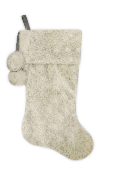 Deluxe Faux Fur Stocking with Pom Poms, 20.5 Grey