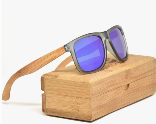 Square Bamboo Wood Sunglasses with Blue Polarized Lenses