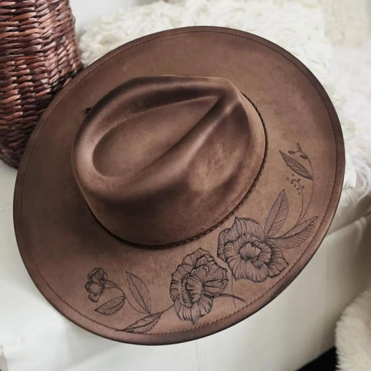 Hand Burned Floral Hat/Chocolate