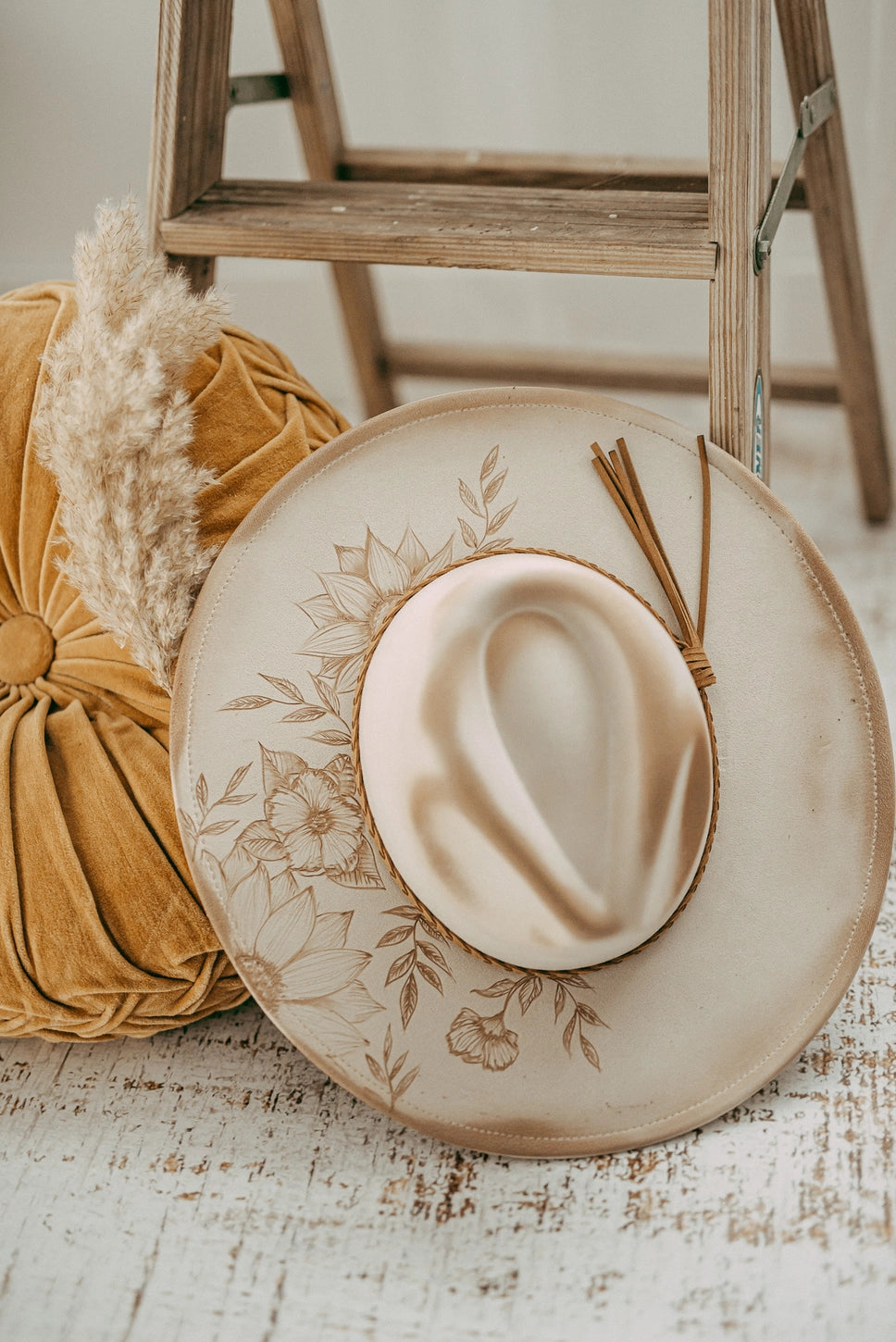 Hand Burned Floral Hat/Cream