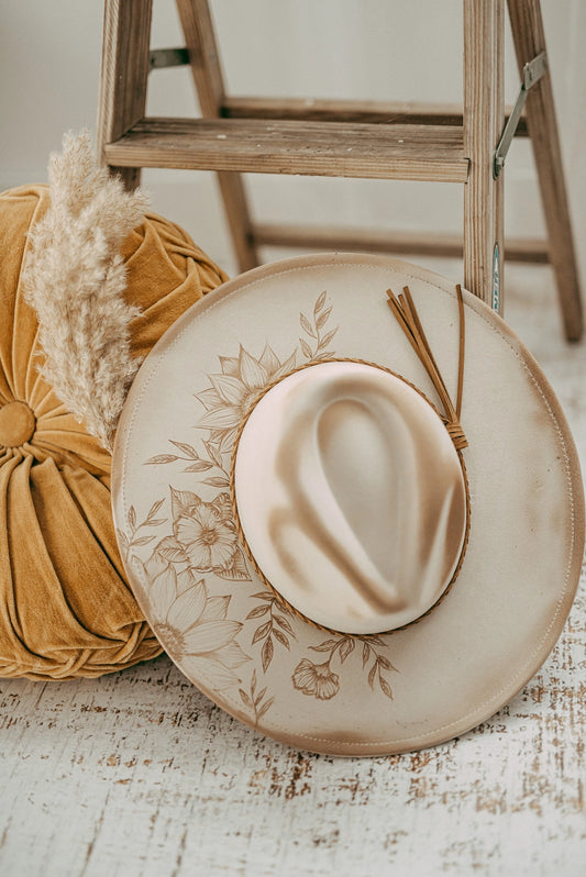 Hand Burned Floral Hat/Cream
