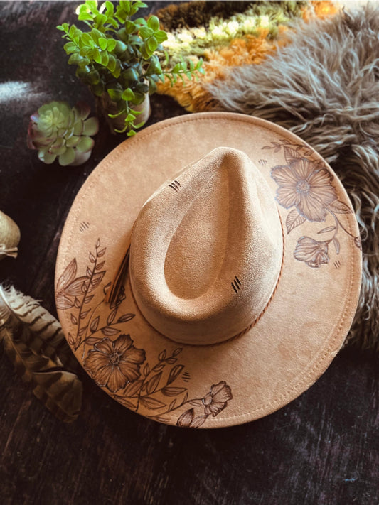 Hand Burned Wildflower/Chocolate Hat