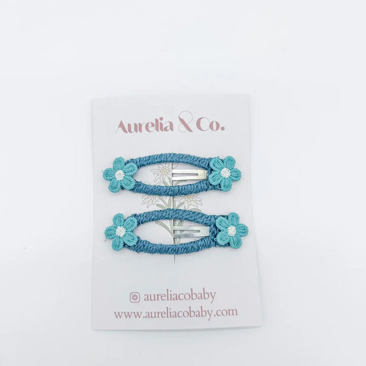 Peek A Boo Wrapped Flower Barrettes-Blue