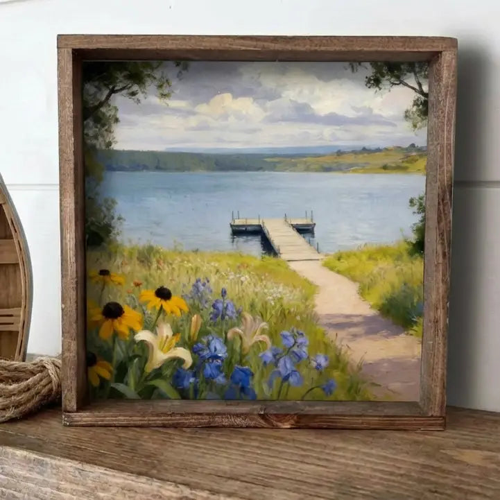 Boat Dock with Flowers, Framed Wooden Sign