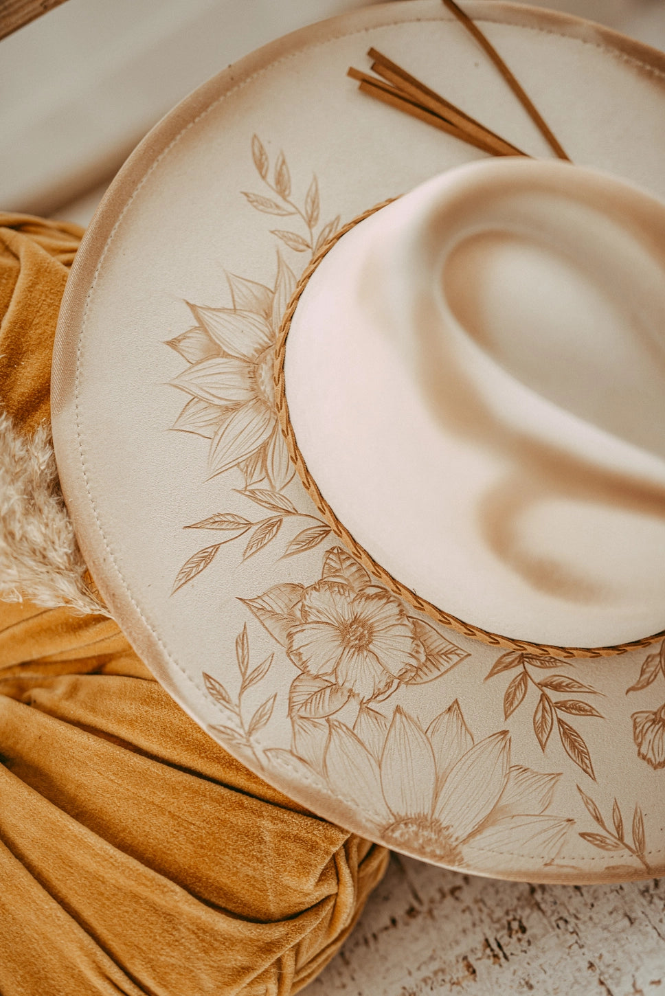 Hand Burned Floral Hat/Cream