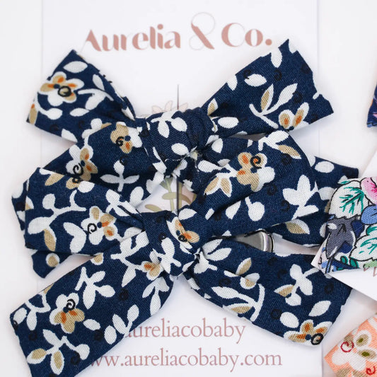 Floral Pigtail Hair Bows-Navy